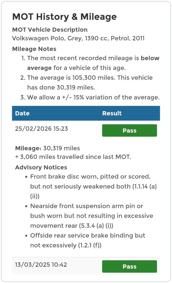 Image of the report showing the MOT History and Mileage
